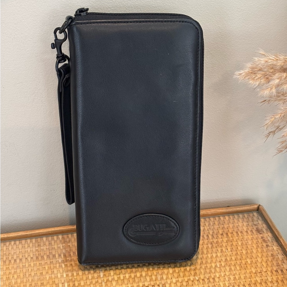 Bugatti Men's Black Leather Travel Wallet with strap NWOT!!
